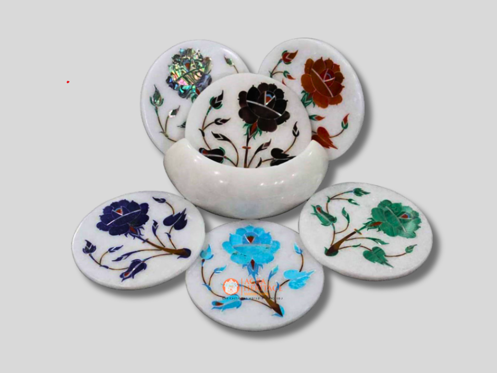 Marble Tea Holder Coaster Set Floral Art